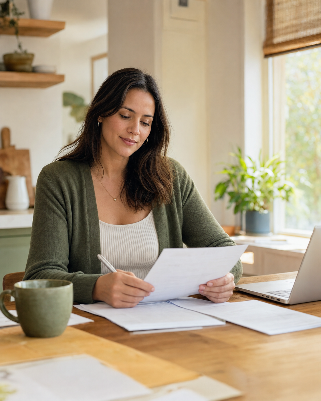 A calm planning scene with documents and warm natural light