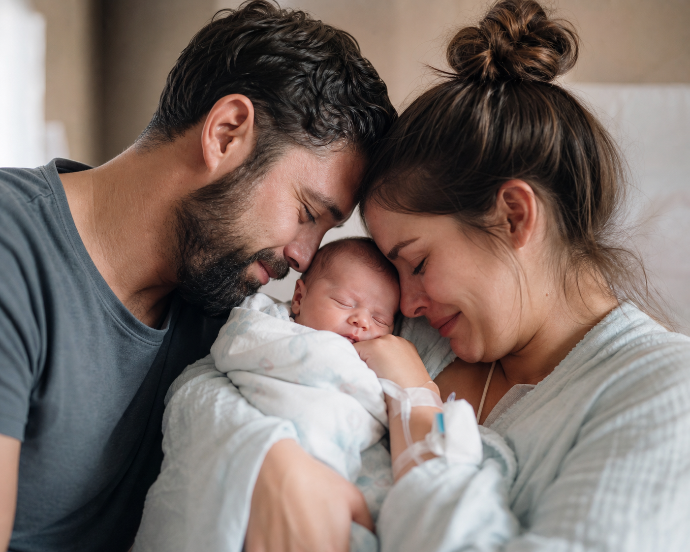 Intended parents holding their newborn