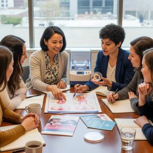 A Babytree Surrogacy team meeting, where women discuss the female reproductive system using charts and a model for clarity. babytree