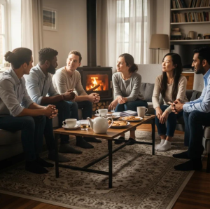 People gather warmly, sharing friendly conversation in a relaxed setting, showing Babytree Surrogacy’s caring community. babytree