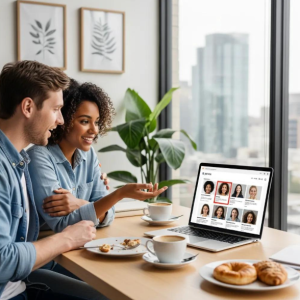 A cheerful couple uses Babytree Surrogacy’s laptop video call to learn about matching with a surrogate, feeling hopeful and connected. babytree