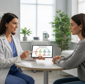 A Babytree Surrogacy doctor explains the egg donation process to an intended parent during a friendly clinic meeting. babytree