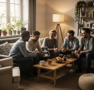 Friends smile and talk as someone announces a pregnancy with ultrasound photos, showing Babytree Surrogacy support and joy. babytree