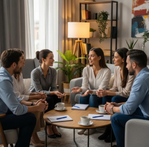 People have a friendly group discussion about surrogacy at Babytree Surrogacy in a warm, welcoming setting. babytree