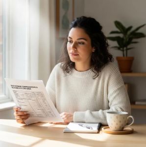 A woman reviews Babytree Surrogacy’s egg donor compensation document at a bright table, looking thoughtful about her decision. babytree