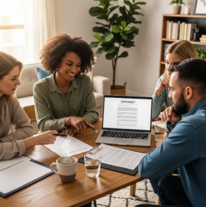 A group of people discuss surrogacy contracts for Babytree Surrogacy, showing focus and teamwork in a bright office setting. babytree