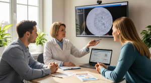 A Babytree Surrogacy doctor explains the Day 5 Blastocyst process to a couple, helping them understand IVF surrogacy options. babytree
