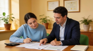 A man and woman discuss taxes at their desk using a Babytree Surrogacy guide, focusing together on financial paperwork. babytree