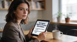 A woman uses her tablet at a cafe to review surrogacy privacy rights and manage appointments for Babytree Surrogacy. babytree
