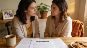 Two women meet to discuss a Babytree Surrogacy agreement, showing the careful planning involved in the surrogacy process. babytree
