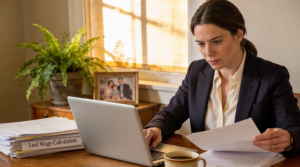 A woman reviews Lost Wage Calculation documents for Babytree Surrogacy, thinking about childcare costs while working at her desk. babytree