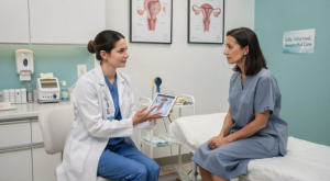A Babytree Surrogacy doctor helps a woman understand IVF steps, using clear visuals for easy explanation and support. babytree