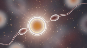 Babytree Surrogacy shows the start of IVF, with an egg and two sperm, symbolizing the moment a new life might begin. babytree